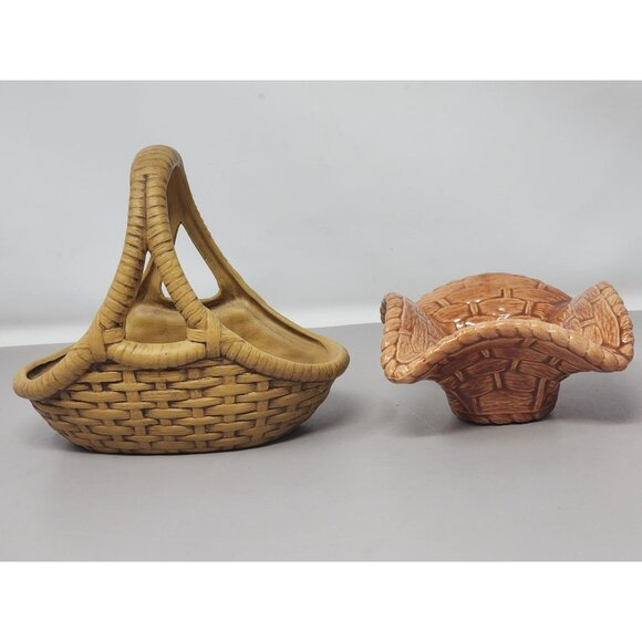 Vintage Ceramic Basket Set With Handle & Woven Design One Is Signed - Picture 2 of 11